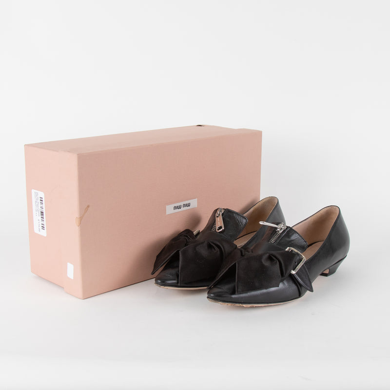 Miu Miu Black Leather Satin Bow Slip On Shoes