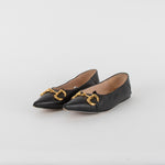 Gucci Black Leather Horsebit Silver Chain Flat Pointy Pumps