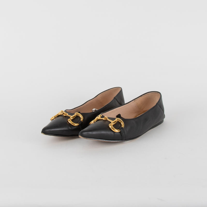 Gucci Black Leather Horsebit Silver Chain Flat Pointy Pumps
