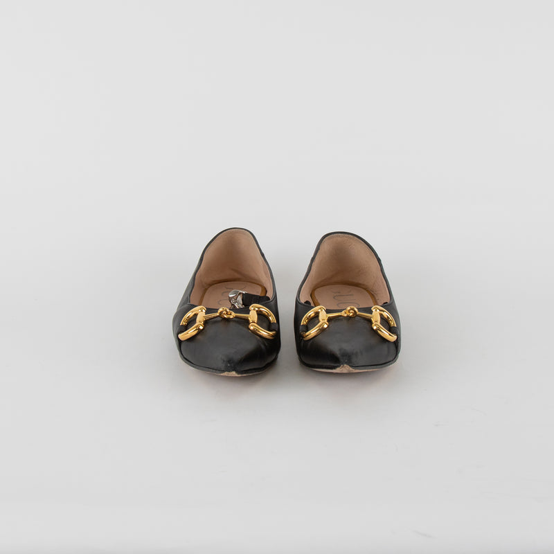 Gucci Black Leather Horsebit Silver Chain Flat Pointy Pumps