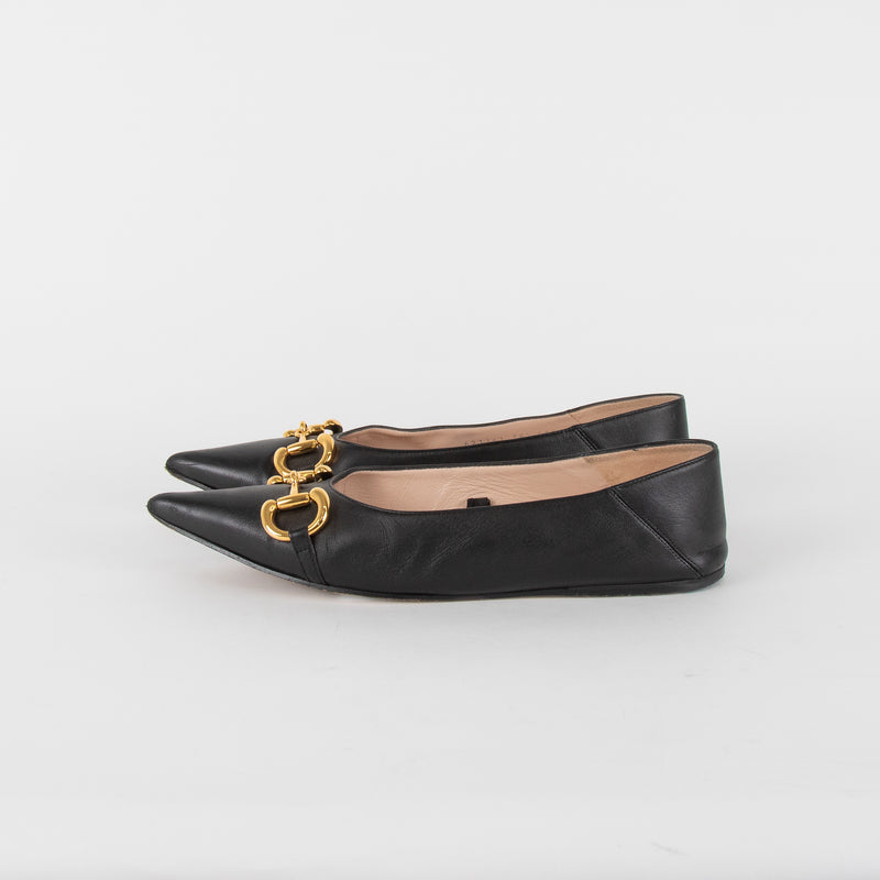 Gucci Black Leather Horsebit Silver Chain Flat Pointy Pumps