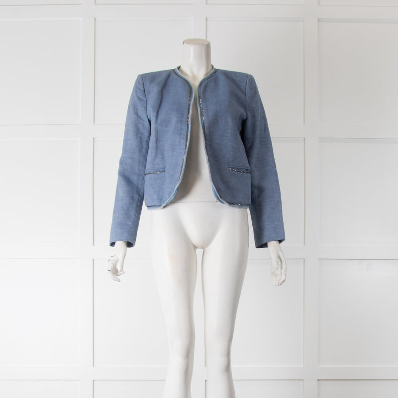 Sandro Denim Chain detail Collarless Short Jacket