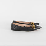 Gucci Black Leather Horsebit Silver Chain Flat Pointy Pumps
