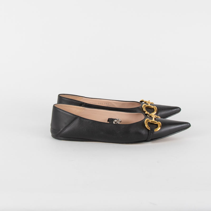 Gucci Black Leather Horsebit Silver Chain Flat Pointy Pumps