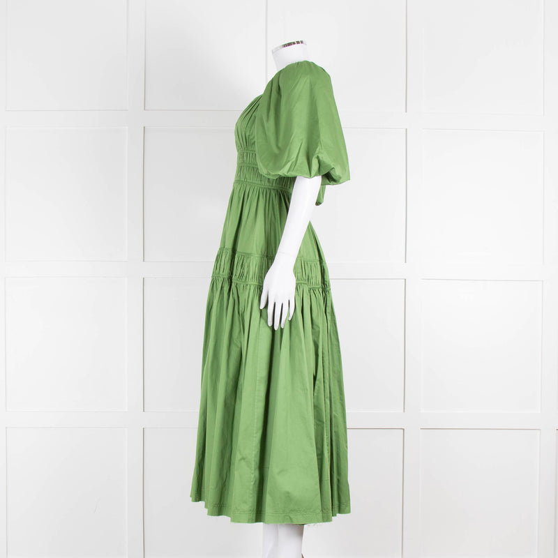 Aje Green Gathered Puff Sleeve Midi Dress