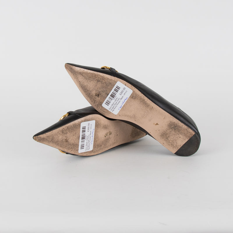 Gucci Black Leather Horsebit Silver Chain Flat Pointy Pumps