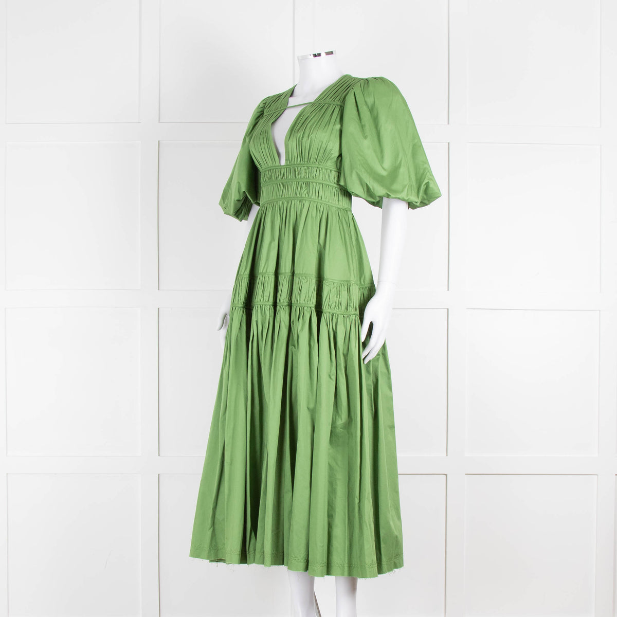 Aje Green Gathered Puff Sleeve Midi Dress