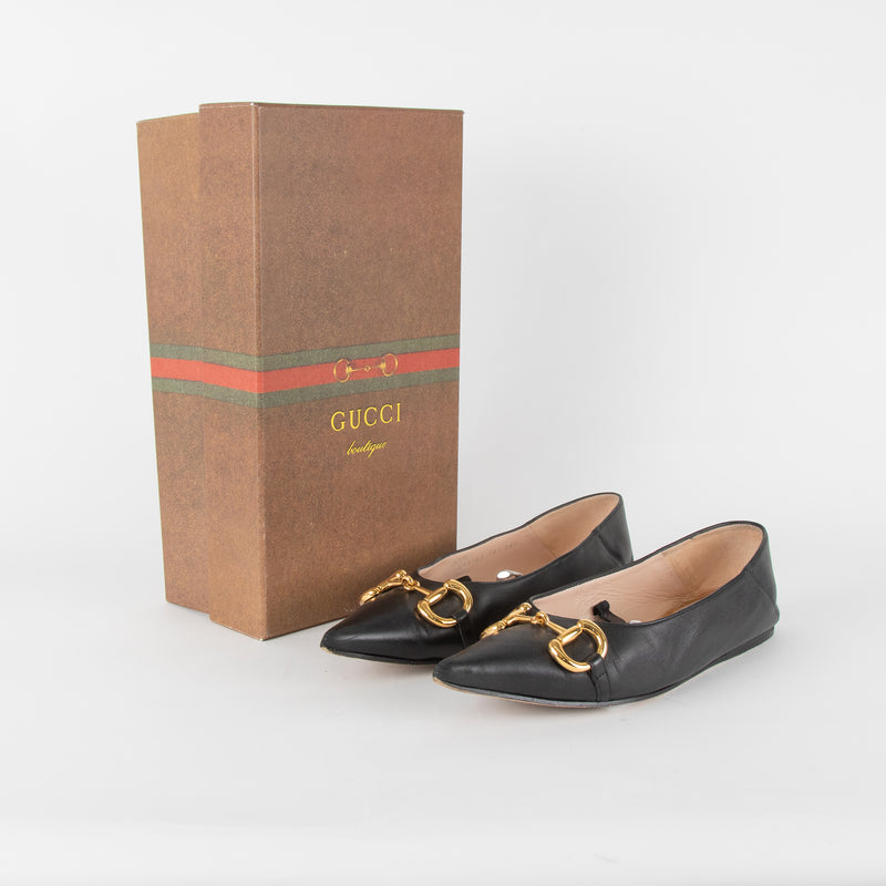 Gucci Black Leather Horsebit Silver Chain Flat Pointy Pumps