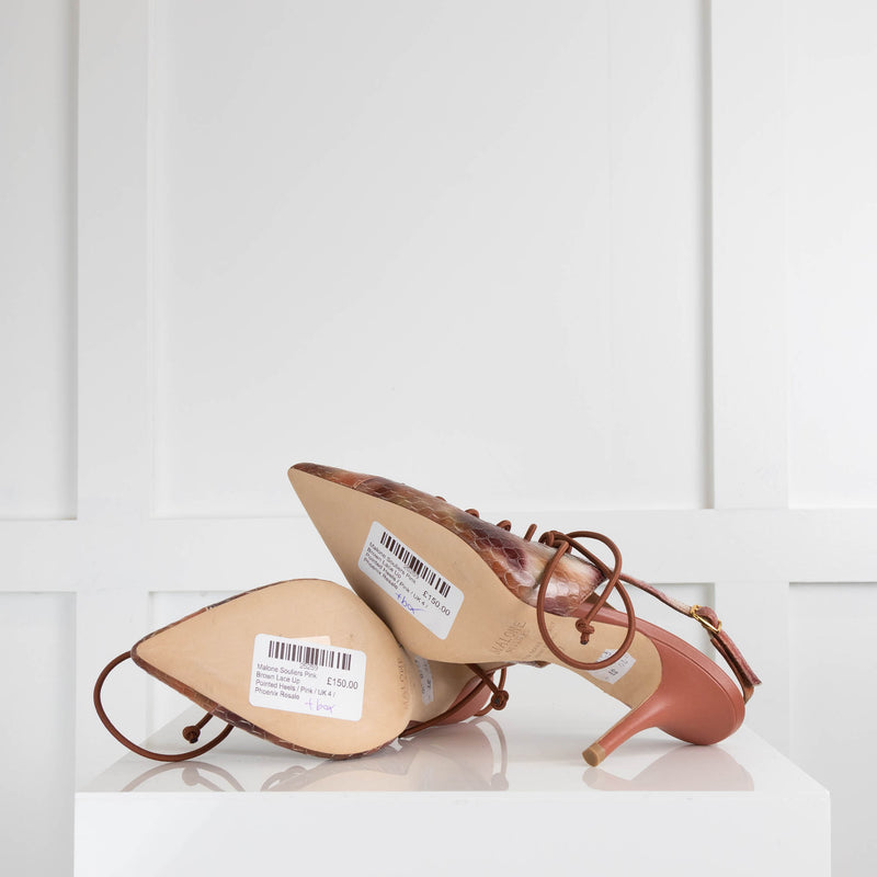 Malone Souliers Pink Brown Lace Up Pointed Heels