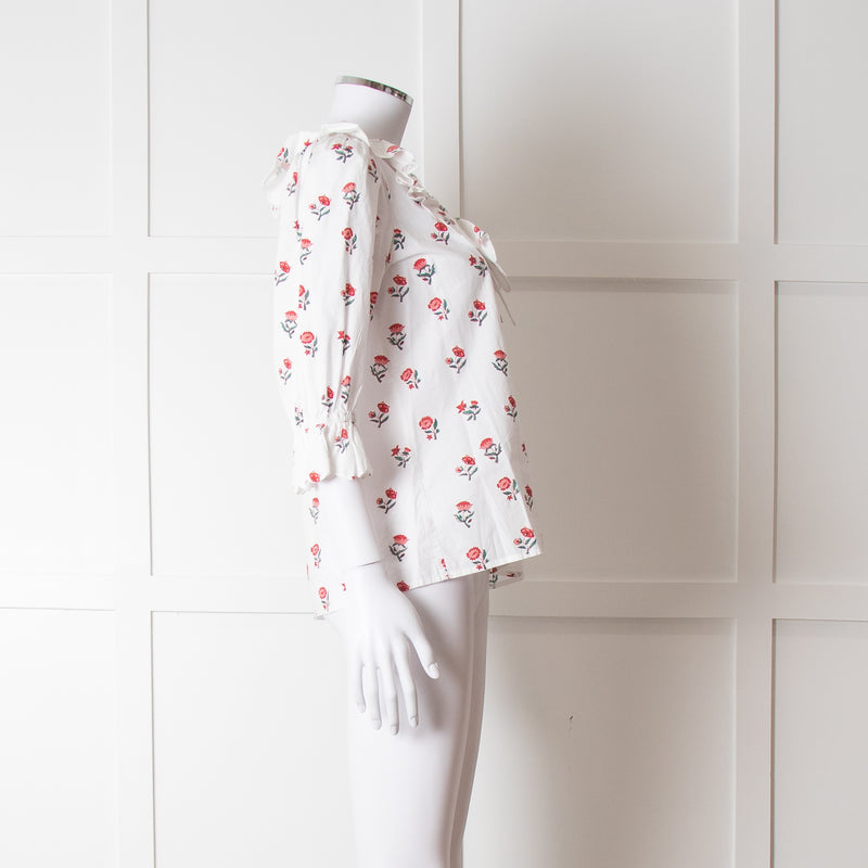 Pink City Prints White Red Blossom Scallop Trim Top