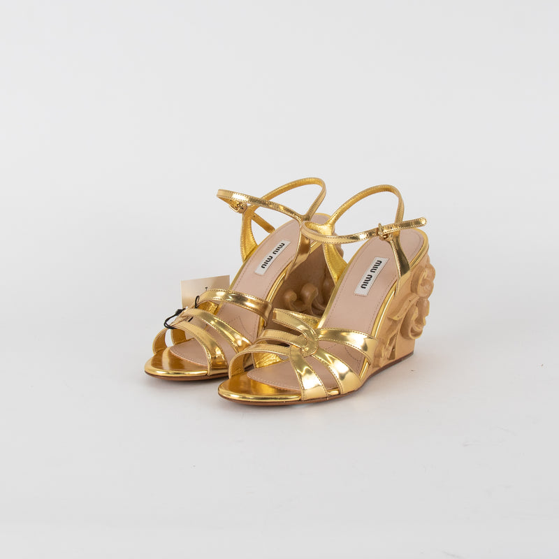Miu Miu Gold Carved Wooden Wedge