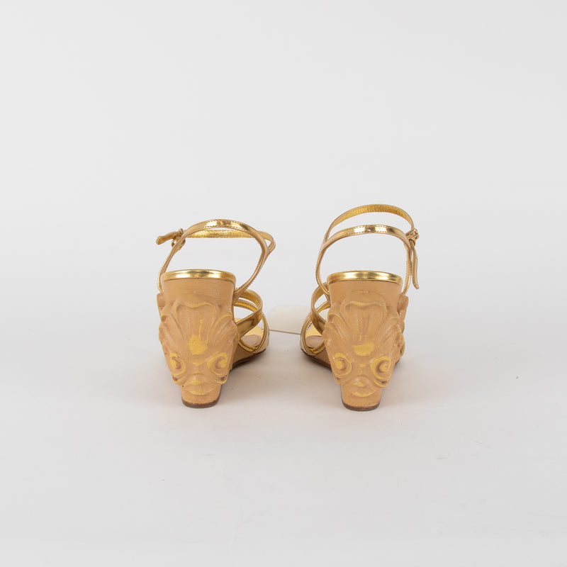 Miu Miu Gold Carved Wooden Wedge