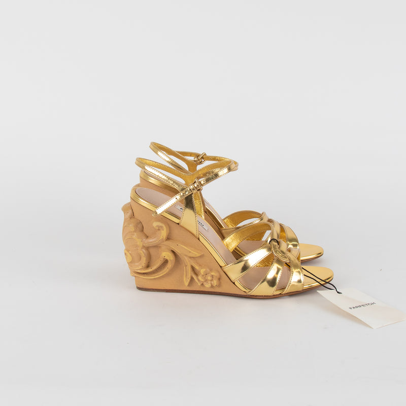 Miu Miu Gold Carved Wooden Wedge