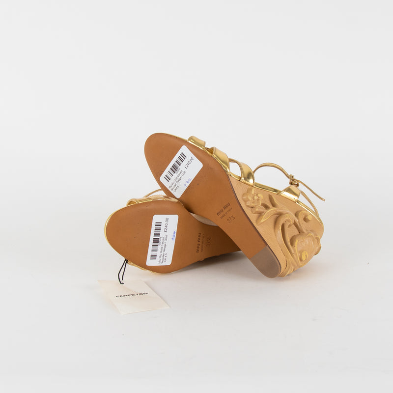 Miu Miu Gold Carved Wooden Wedge