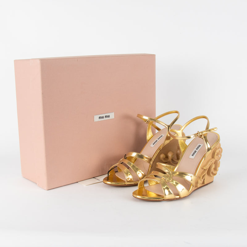 Miu Miu Gold Carved Wooden Wedge