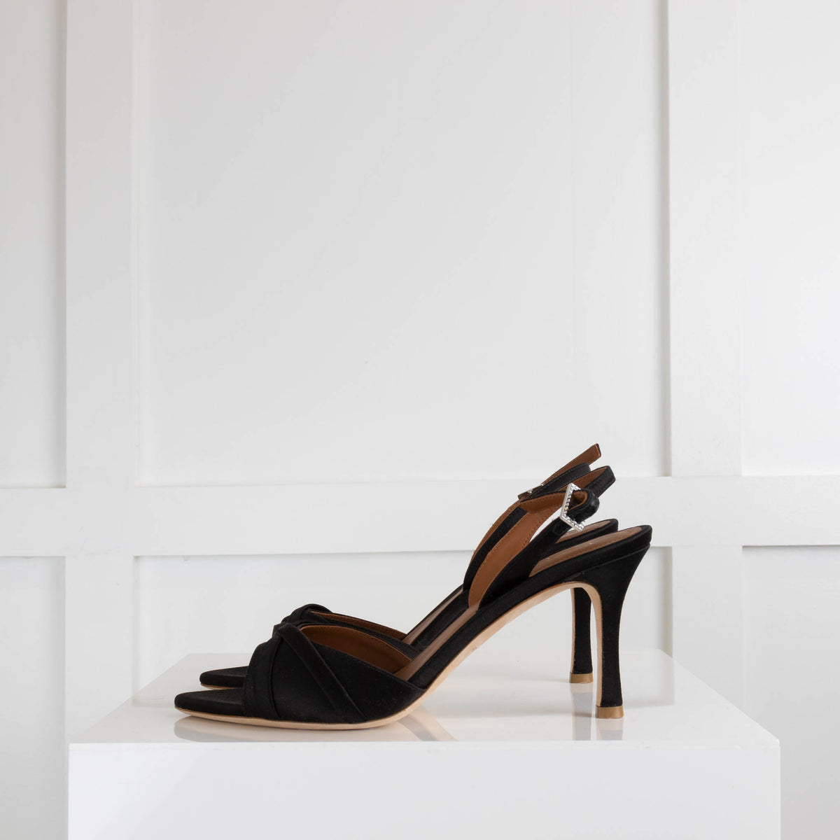 Malone Souliers Black Satin Open Toe Crystal Clasp Heels