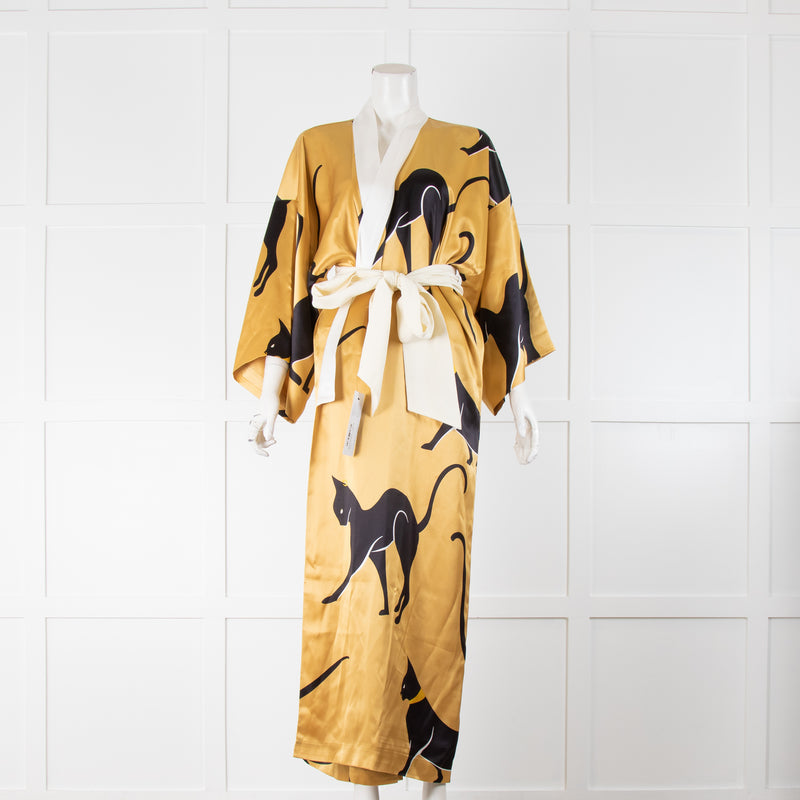 Olivia Von Halle Gold Cat Print Silk Long Robe