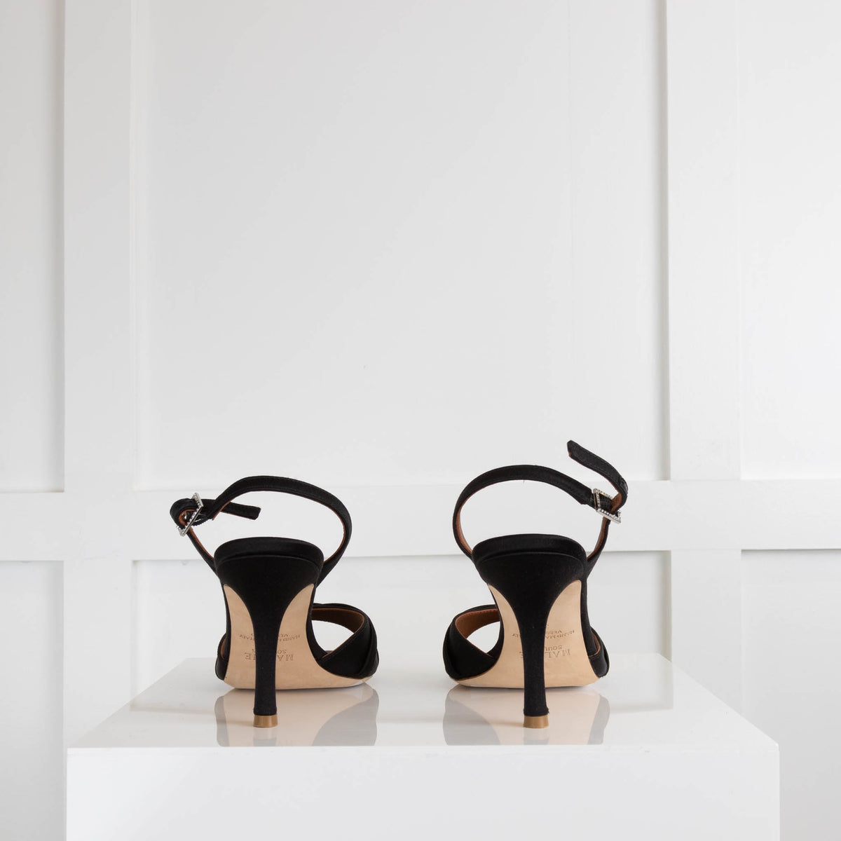 Malone Souliers Black Satin Open Toe Crystal Clasp Heels