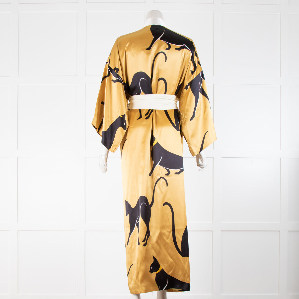 Olivia Von Halle Gold Cat Print Silk Long Robe