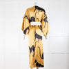 Olivia Von Halle Gold Cat Print Silk Long Robe