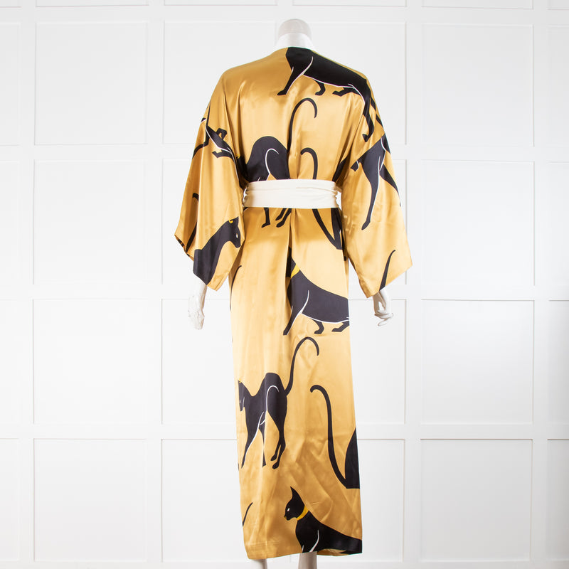 Olivia Von Halle Gold Cat Print Silk Long Robe