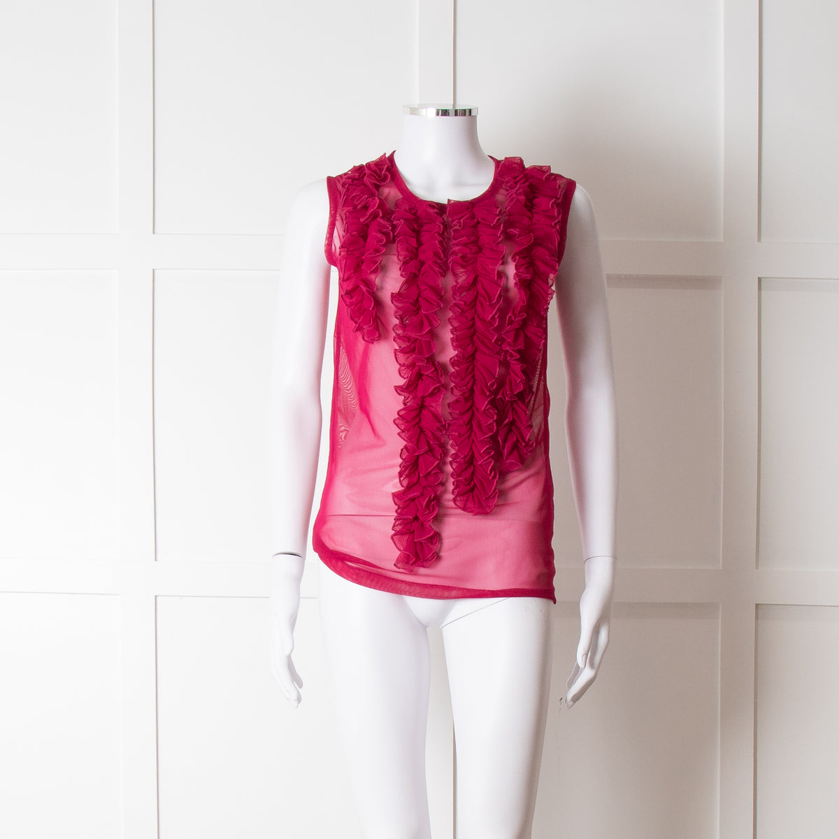 Dries Van Noten Magenta Net Front Frill Sleeveless Top