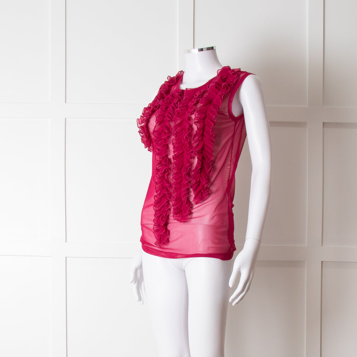 Dries Van Noten Magenta Net Front Frill Sleeveless Top