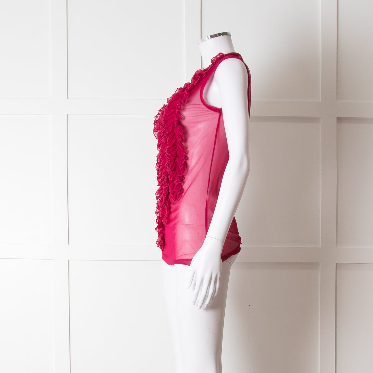 Dries Van Noten Magenta Net Front Frill Sleeveless Top