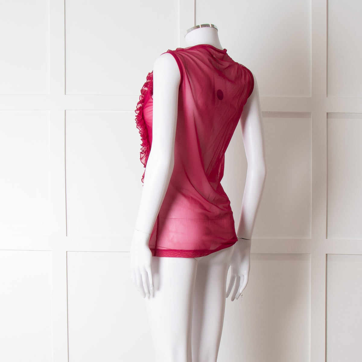 Dries Van Noten Magenta Net Front Frill Sleeveless Top