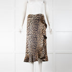 Ganni Brown Animal Print Satin Frill Trim Midi Skirt