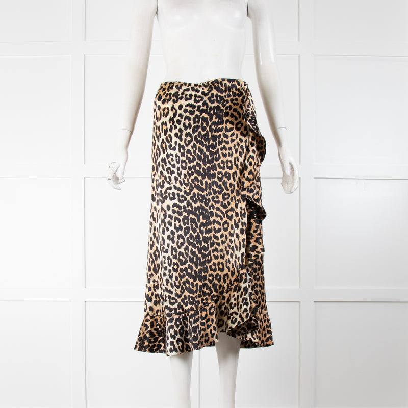 Ganni Brown Animal Print Satin Frill Trim Midi Skirt