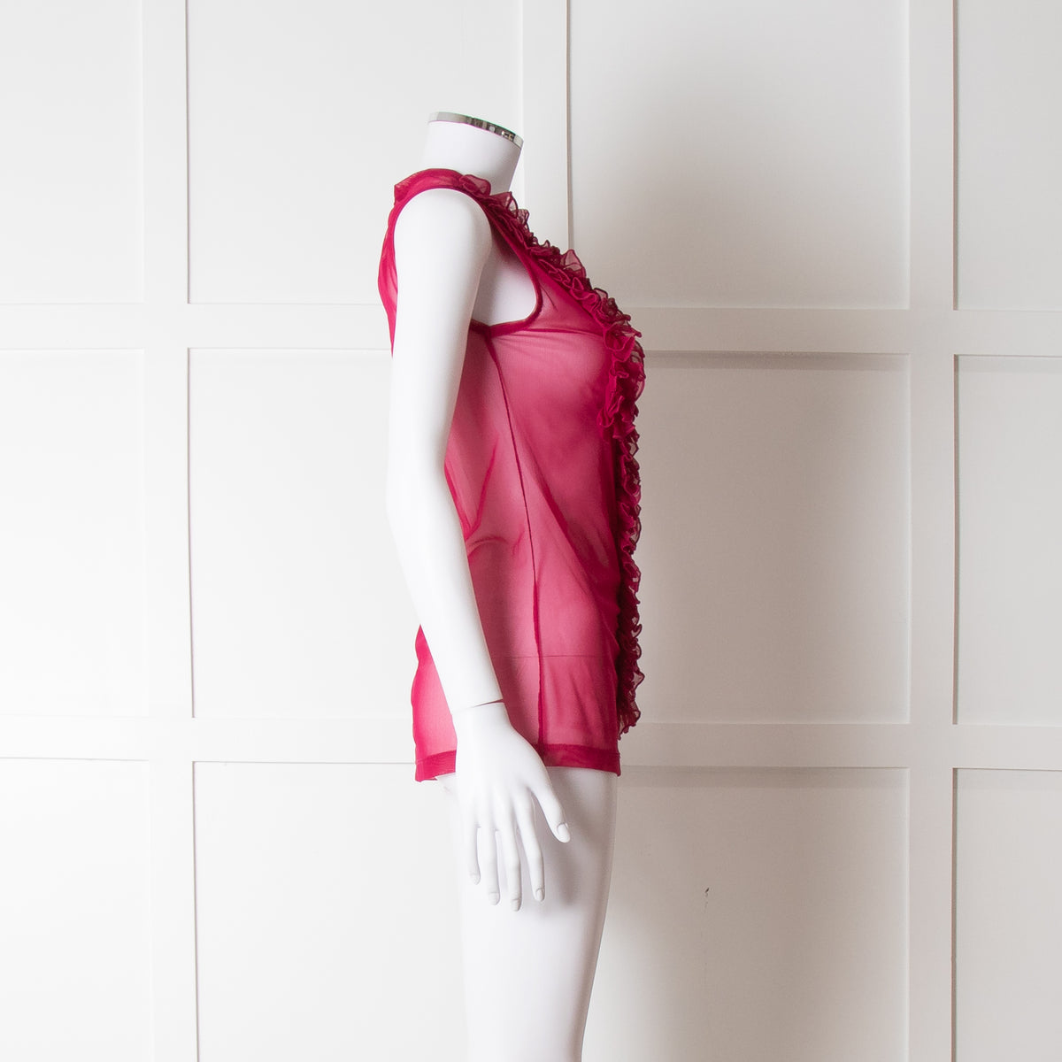 Dries Van Noten Magenta Net Front Frill Sleeveless Top