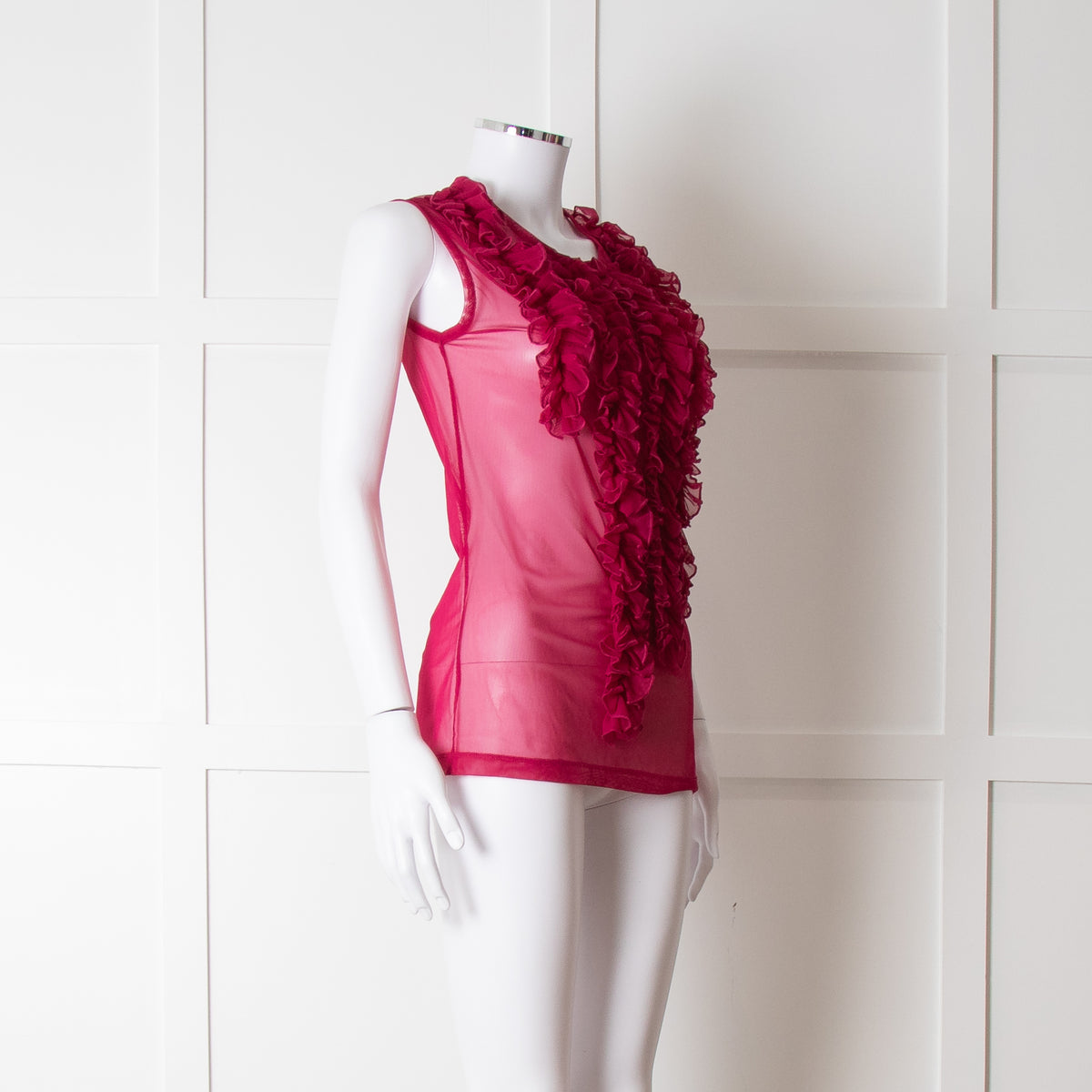 Dries Van Noten Magenta Net Front Frill Sleeveless Top