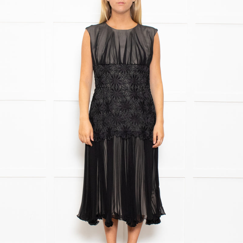 Max Mara Black Lace Waist Silk Sleeveless Dress
