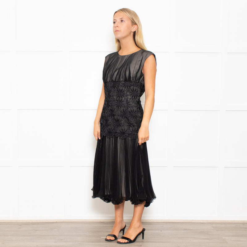 Max Mara Black Lace Waist Silk Sleeveless Dress