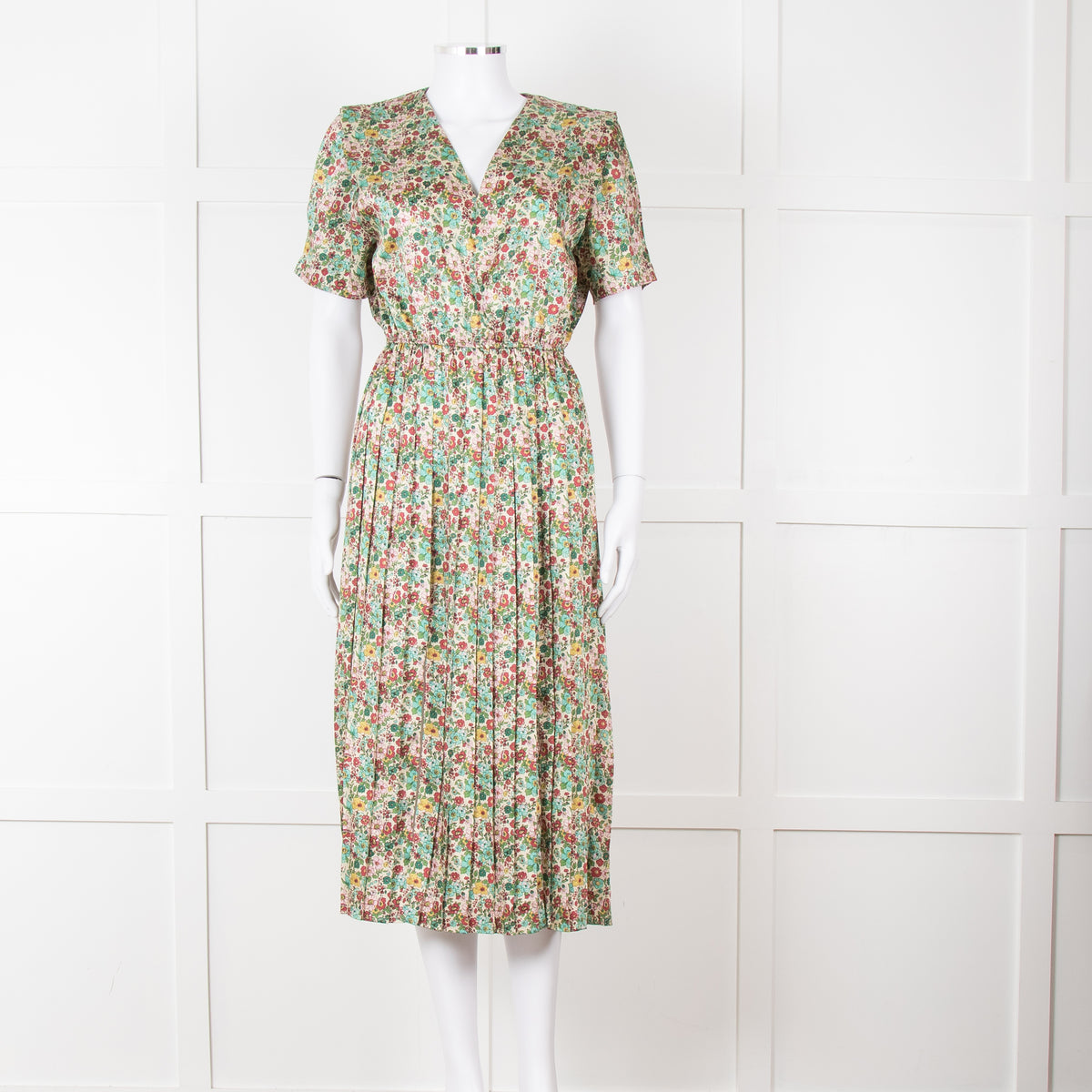 Sandro Cream Green Red Floral V Neck Short Sleeve Dress