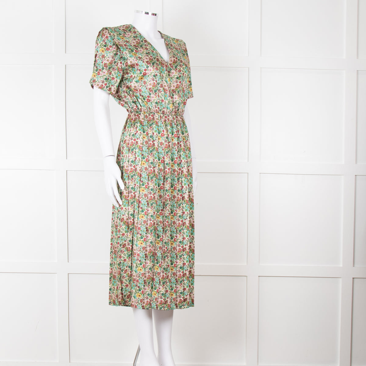 Sandro Cream Green Red Floral V Neck Short Sleeve Dress