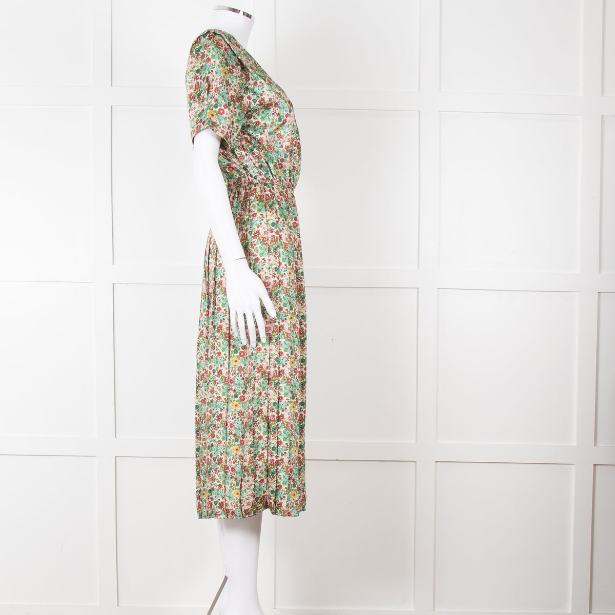 Sandro Cream Green Red Floral V Neck Short Sleeve Dress