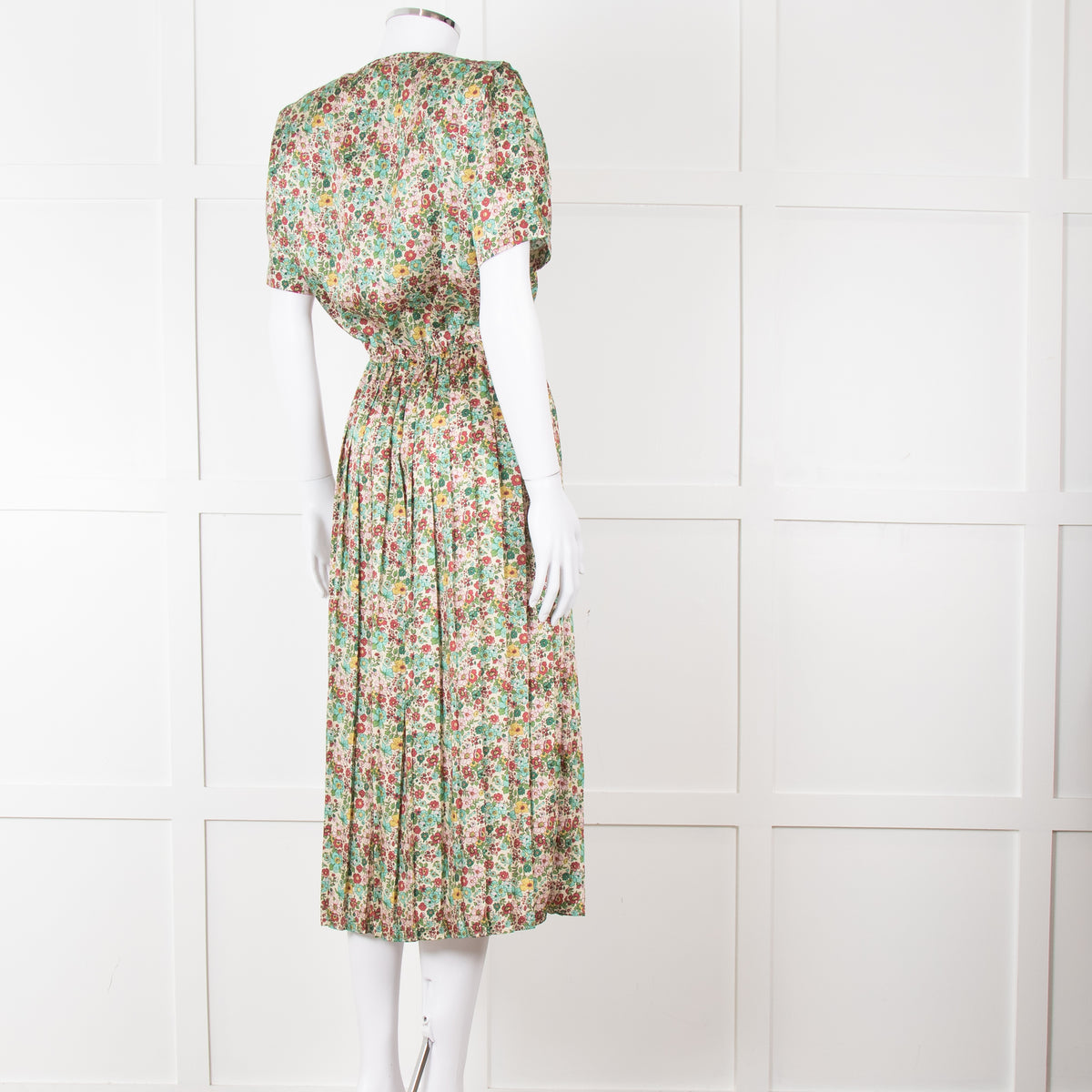 Sandro Cream Green Red Floral V Neck Short Sleeve Dress