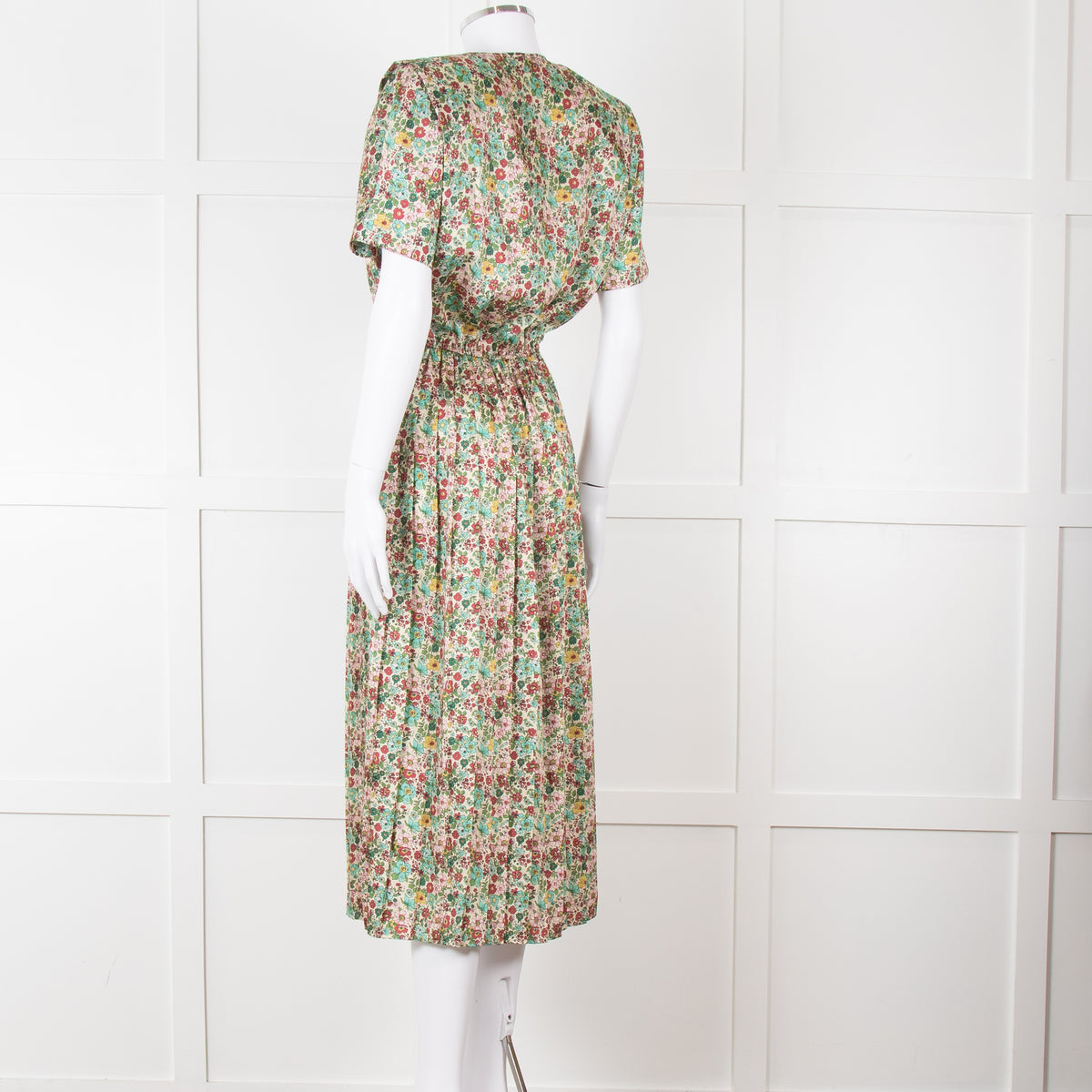Sandro Cream Green Red Floral V Neck Short Sleeve Dress