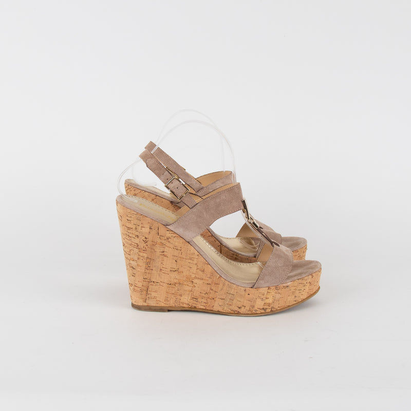 Russell & Bromley Beige Suede Cork Wedge Sandals