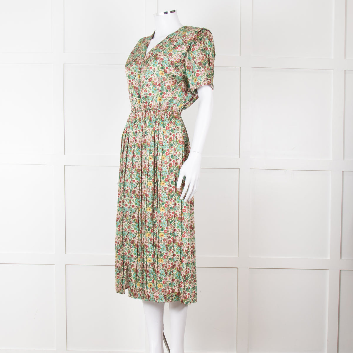 Sandro Cream Green Red Floral V Neck Short Sleeve Dress
