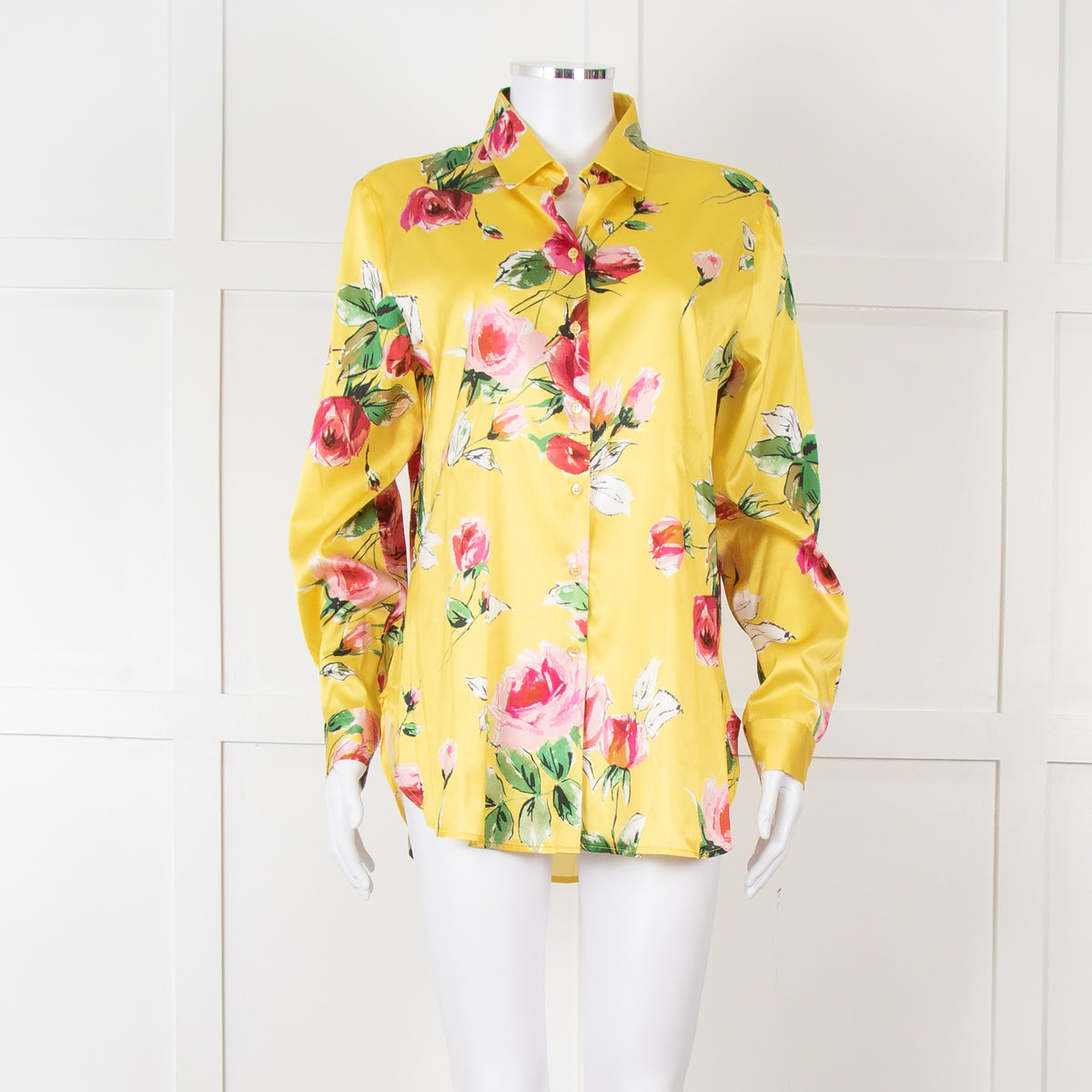 Daniel & Mayer Yellow Pink Green Floral Long Sleeve Satin Shirt