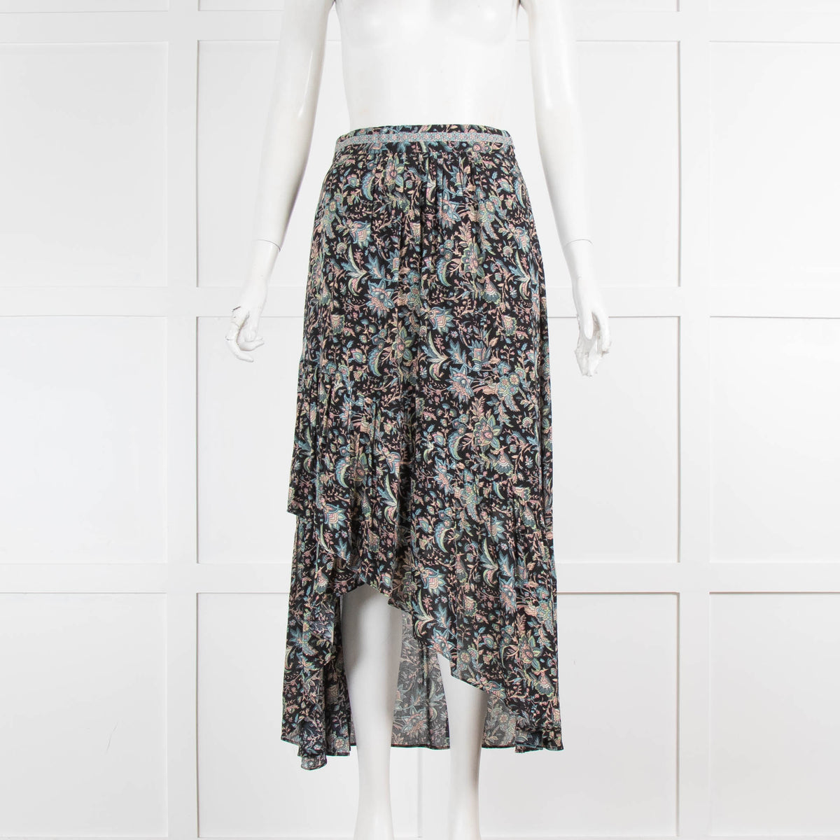 ba&sh Blue Floral Dipped Back Hem Skirt