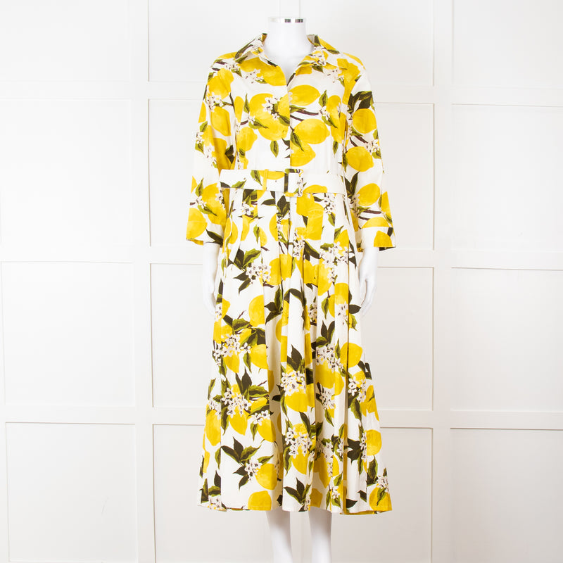 Samantha Sung White Yellow Lemon Print Cotton Belted Dress