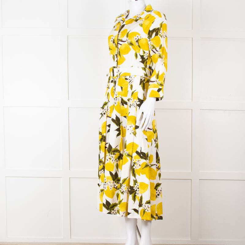 Samantha Sung White Yellow Lemon Print Cotton Belted Dress