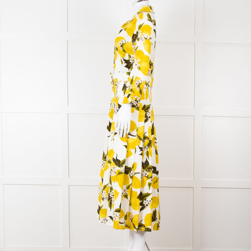 Samantha Sung White Yellow Lemon Print Cotton Belted Dress