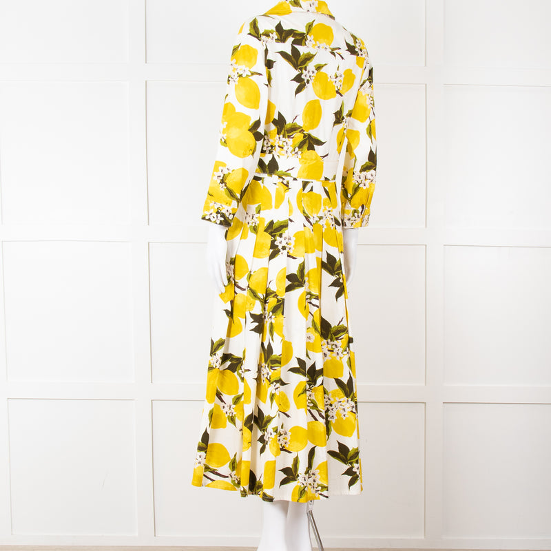Samantha Sung White Yellow Lemon Print Cotton Belted Dress