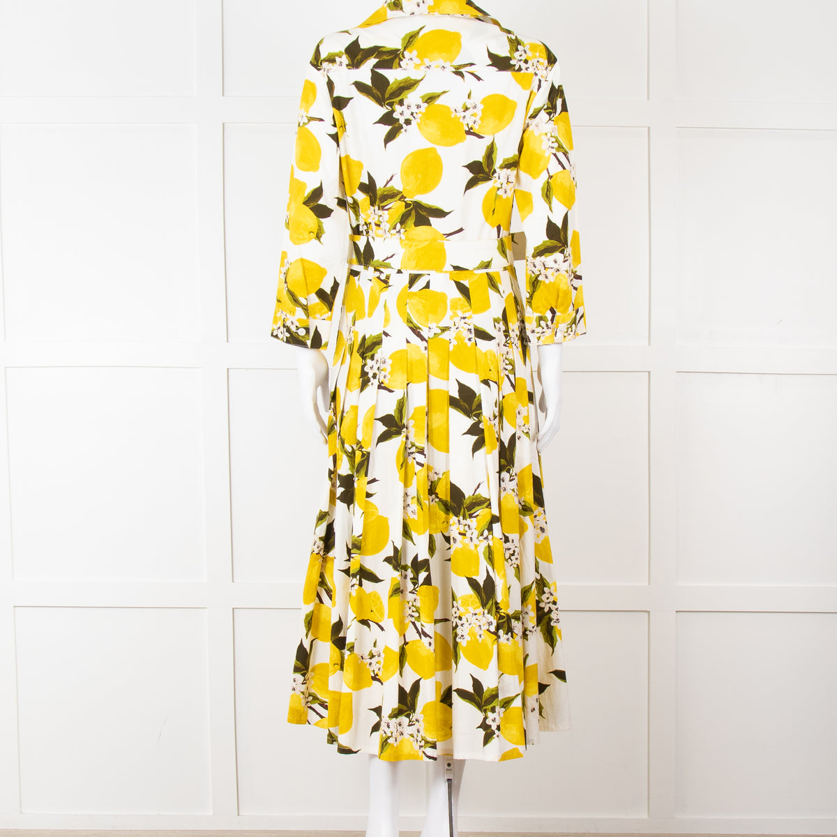 Samantha Sung White Yellow Lemon Print Cotton Belted Dress