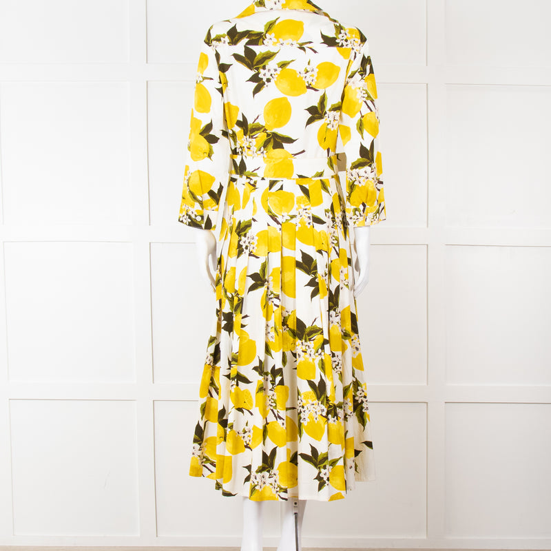 Samantha Sung White Yellow Lemon Print Cotton Belted Dress
